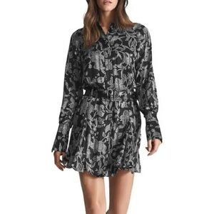 Reiss Larissa Black Floral Long Sleeve Belted Mini Dress